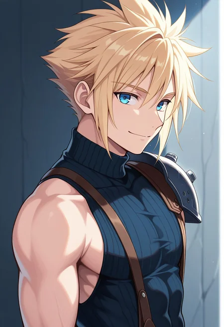 masterpiece,best quality,amazing quality, source_anime,
SoutouKumo, 1boy, male focus, solo, blue eyes, blonde hair, spiked hair, shoulder armor, single bare shoulder, sleeveless turtleneck, toned male, smile, looking at viewer,