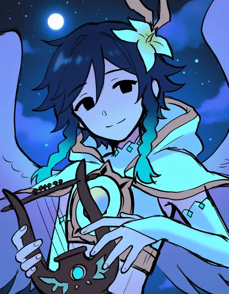 fr0y0, masterpiece, best quality, good quality, newest, very awa, absurdres, highres, black eyes, no sclera 1boy, venti \(archon\) \(genshin impact\), flying, playing instrument, smile, musical note, lyre, feathers, dynamic composition, cloud, upper body, dynamic pose, twilight, night, moon, purple theme, blue theme, (close-up:1.4), star \(sky\), <lora:None:1.0>
