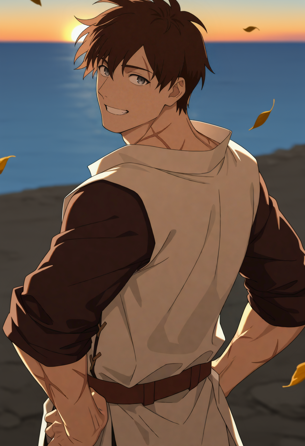 masterpiece,best quality,anime screencap,
1boy,solo,
<lora:noor_NAI_EPS_1_1_CAME_v1_RETAGGED-000010:1>,
n00r,brown hair,short hair,grey eyes,scar across eyebrow,scar on neck,
hands on own hips,backlighting,looking back,looking at viewer,grin,
white tunic,brown shirt,sleeves rolled up,high contrast,
blurry background,outdoors,horizon,sunrise,wind,falling leaves