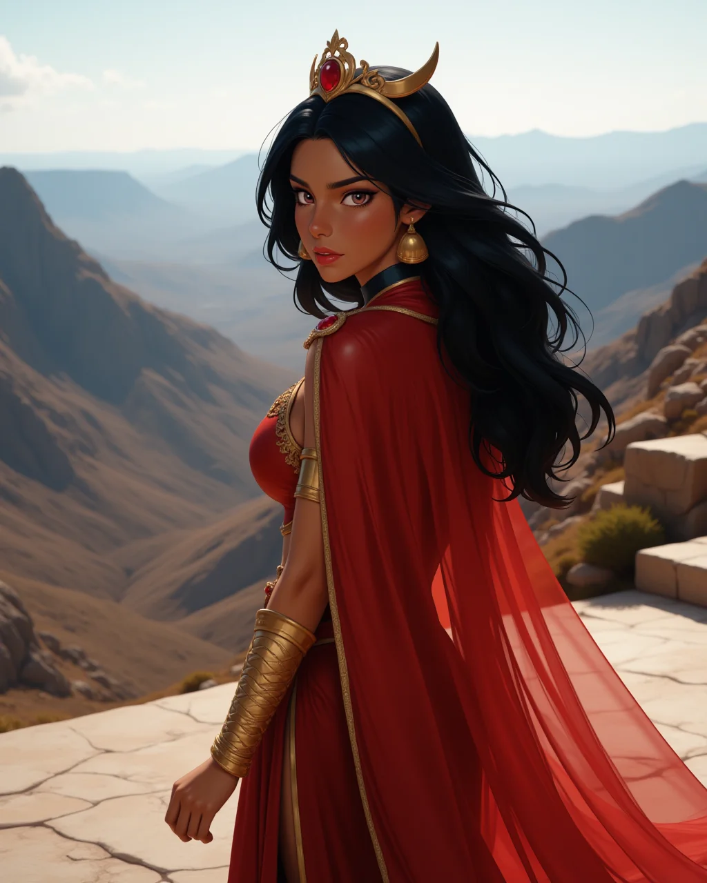 wide shot, looking at viewer, outdoors daylight, 20 year old woman, Curious with raised eyebrows, slightly parted lips, and eyes fixated with intrigue.
<lora:Disney_-_Jasmine_v2-000030:1> d-jasmine a 20 year old adult woman with brown eyes , black hair and dark skin. 
a fierce young woman with voluminous black hair draped over one shoulder, wearing a deep red two-piece outfit with golden embroidery, long sheer red cape attached at the waist, golden snake-shaped armbands, ruby-studded tiara, barefoot on cold marble,
A woman stands on the edge of a mountain, gazing at the valley far below, the cool wind pulling at her clothes as she takes in the sweeping landscape.