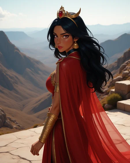 wide shot, looking at viewer, outdoors daylight, 20 year old woman, Curious with raised eyebrows, slightly parted lips, and eyes fixated with intrigue.
<lora:Disney_-_Jasmine_v2-000030:1> d-jasmine a 20 year old adult woman with brown eyes , black hair and dark skin. 
a fierce young woman with voluminous black hair draped over one shoulder, wearing a deep red two-piece outfit with golden embroidery, long sheer red cape attached at the waist, golden snake-shaped armbands, ruby-studded tiara, barefoot on cold marble,
A woman stands on the edge of a mountain, gazing at the valley far below, the cool wind pulling at her clothes as she takes in the sweeping landscape.