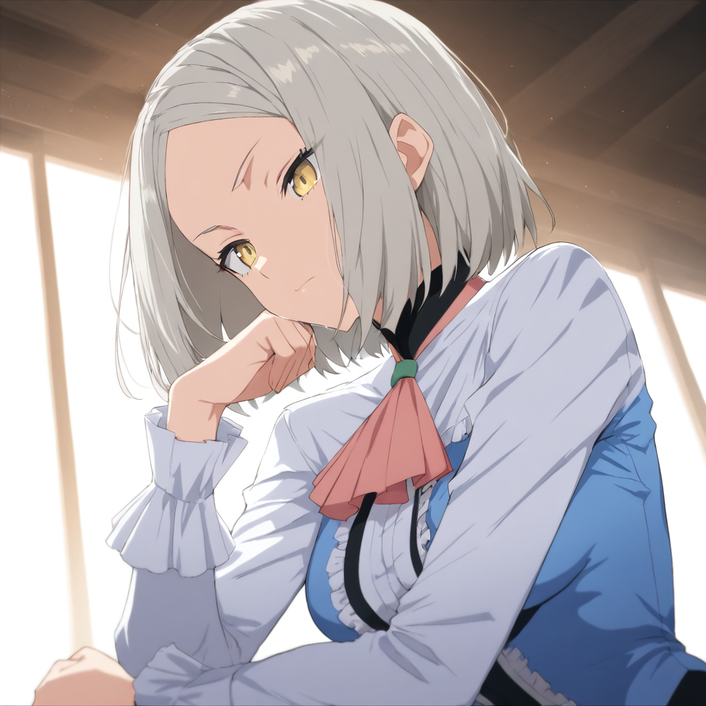 upper_body,masterpiece,high score,great score,absurdres,<lora:Yukine_Mare ag4o v1:1> yukine_mare, grey hair, short hair, yellow eyes,ascot,frills,long sleeves,