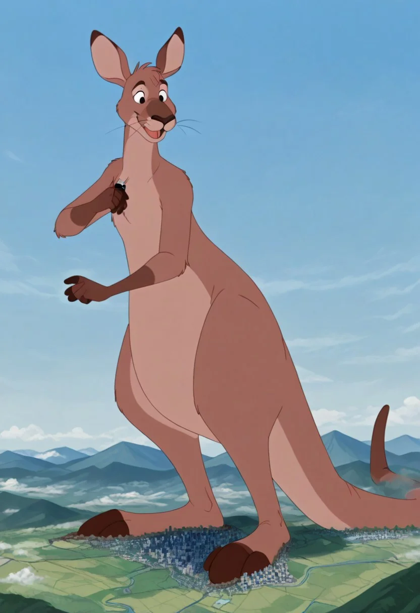 score_9, score_8_up, score_8, score_7, source_furry, Solo, 1boi, 1boy, r3d_RDU, Red Kangaroo, Kangaroo, brown fur, ears, toes, hands,, kangaroo ears, whiskers, anthro, full body, ((macro)), ((giantess)), ((macro)), gigantic, ,walk , large body, happy, landscape background, tiny landscape, micro landscape, detailed landscape,