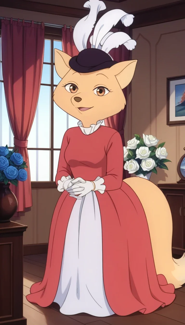 Score_9, score_8_up, score_7_up, score_6_up, highres, incredible quality, highres, mrs.fox, furry, furry female, curtains, window, solo, dress, furry, indoors, furry female, vase, smile, 1girl, tail, looking at viewer, no humans, red dress, looking at viewer, detailed eyes, detailed face, hat, from front, fluffy tail, white gloves, hands together, hands down