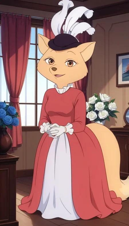 Score_9, score_8_up, score_7_up, score_6_up, highres, incredible quality, highres, mrs.fox, furry, furry female, curtains, window, solo, dress, furry, indoors, furry female, vase, smile, 1girl, tail, looking at viewer, no humans, red dress, looking at viewer, detailed eyes, detailed face, hat, from front, fluffy tail, white gloves, hands together, hands down