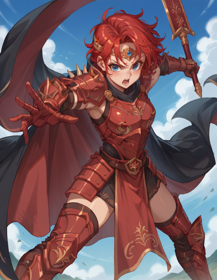 score_9, score_8_up, score_7_up,   <lora:Gravelyn - Adventure Quest_epoch_10:0.7> aia_gravelyn_aq, red hair, blue eyes, red armor, breastplate, gold circlet, solo, spiked pauldrons, greaves, cape, holding sword, fighting pose