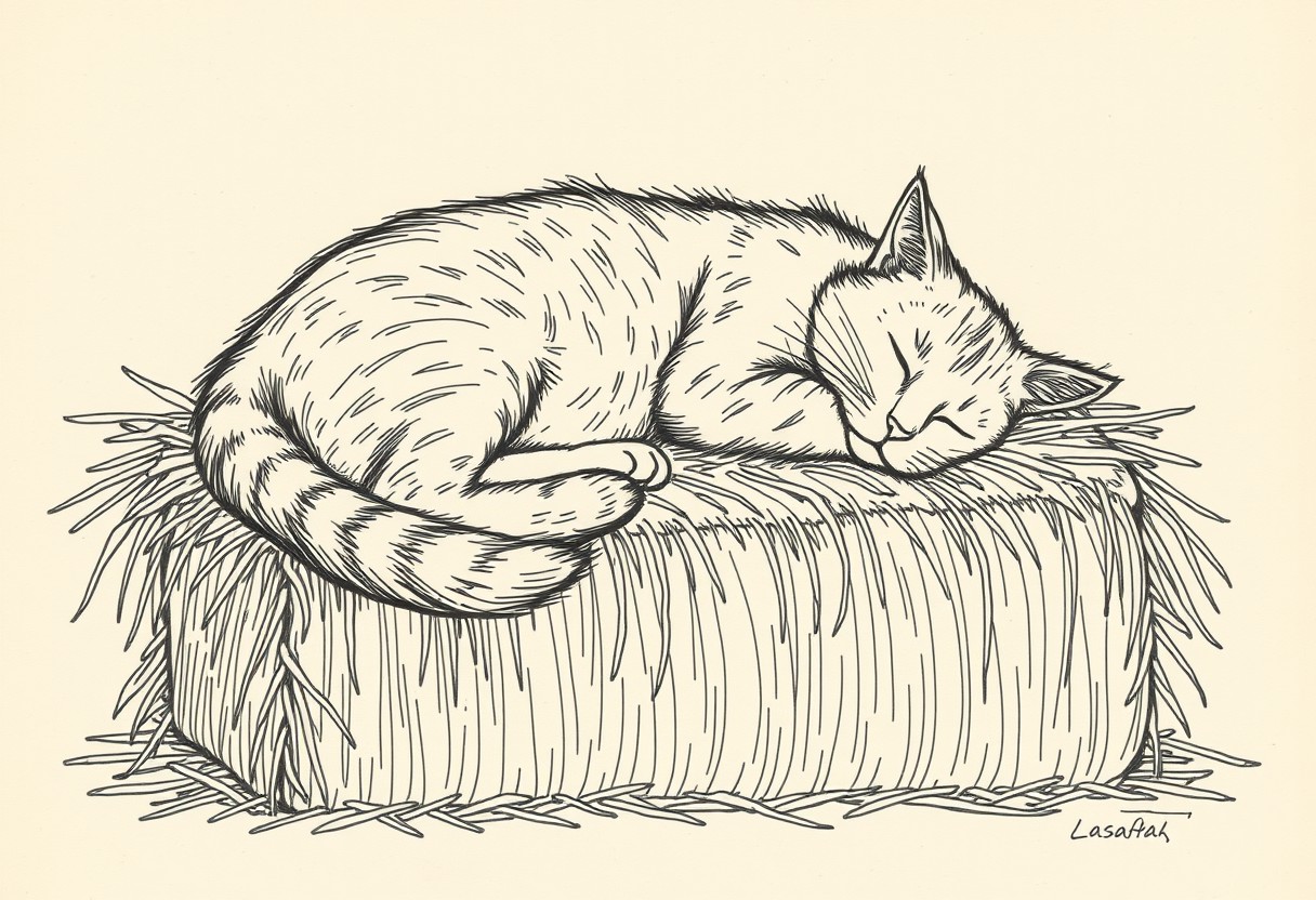 a line drawing of a cat sleeping on a bale of hay, on parchment paper, 3/4s view