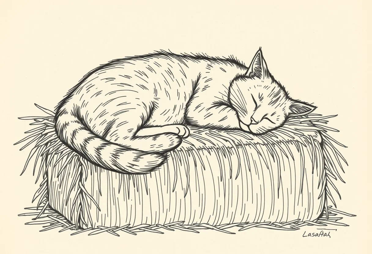 a line drawing of a cat sleeping on a bale of hay, on parchment paper, 3/4s view