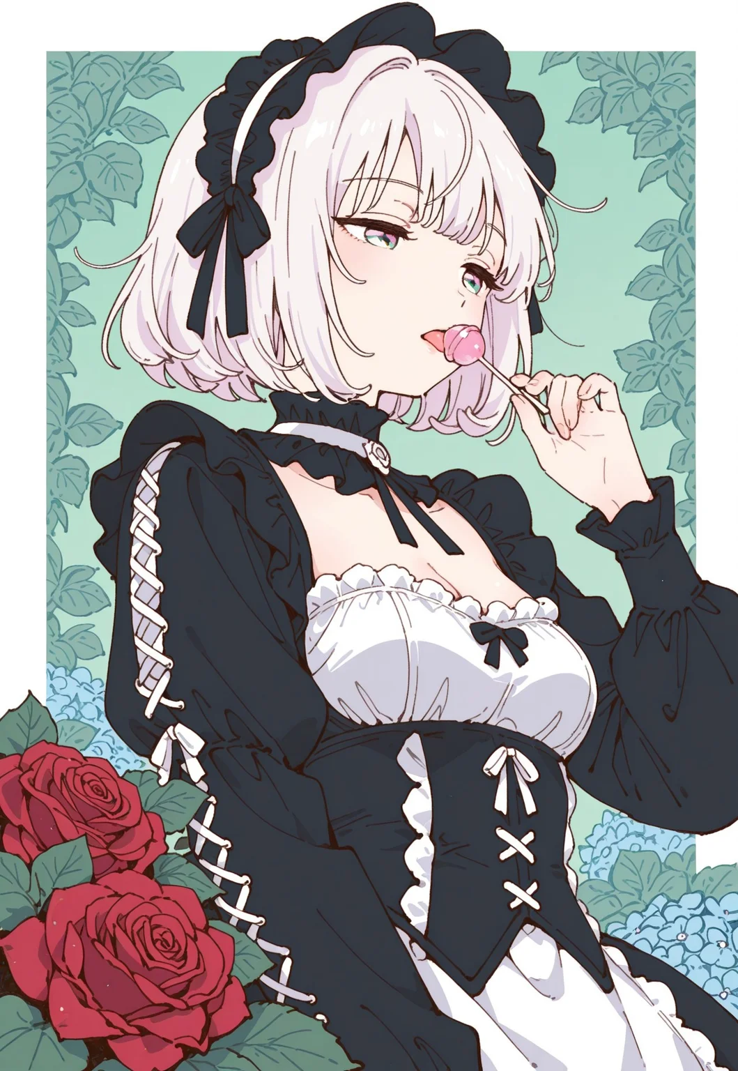 masterpiece, best quality, good quality, newest, highres, absurdres, from below,
pastel cyan eyes, white hair, multi colored hair, bob cut,
victorian black maid dress, frilled skirt, half closed eyes, dazed, emotionless, small breasts, cleavage,
1girl, solo, upper body, roses, hand up, licking lollipop, looking to the side, leaf, red roses, black roses, gradient green background with thick white border,
hydrangea, laced sleeves, Ethereal Brushstroke, Flat vector illustration, rakugakingu, oygilmb,