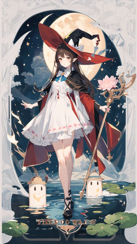 masterpiece, best quality,1girl,adjusting clothes,adjusting headwear,basket,blush,bow,bowtie,breasts,brown eyes,brown hair,cloak,cloud,cloudy sky,crescent moon,dress,fantasy,flower,full body,glowing,glowing flower,hat,holding,holding staff,light particles,lily pad,long hair,looking at viewer,moon,moonlight,mountain,mountainous horizon,night,outdoors,parted lips,pointy ears,pond,sky,small breasts,staff,star (sky),starry sky,very long hair,wading,water lily flower,wicker basket,wind,witch,witch hat, <lora:animetarotV41:1>