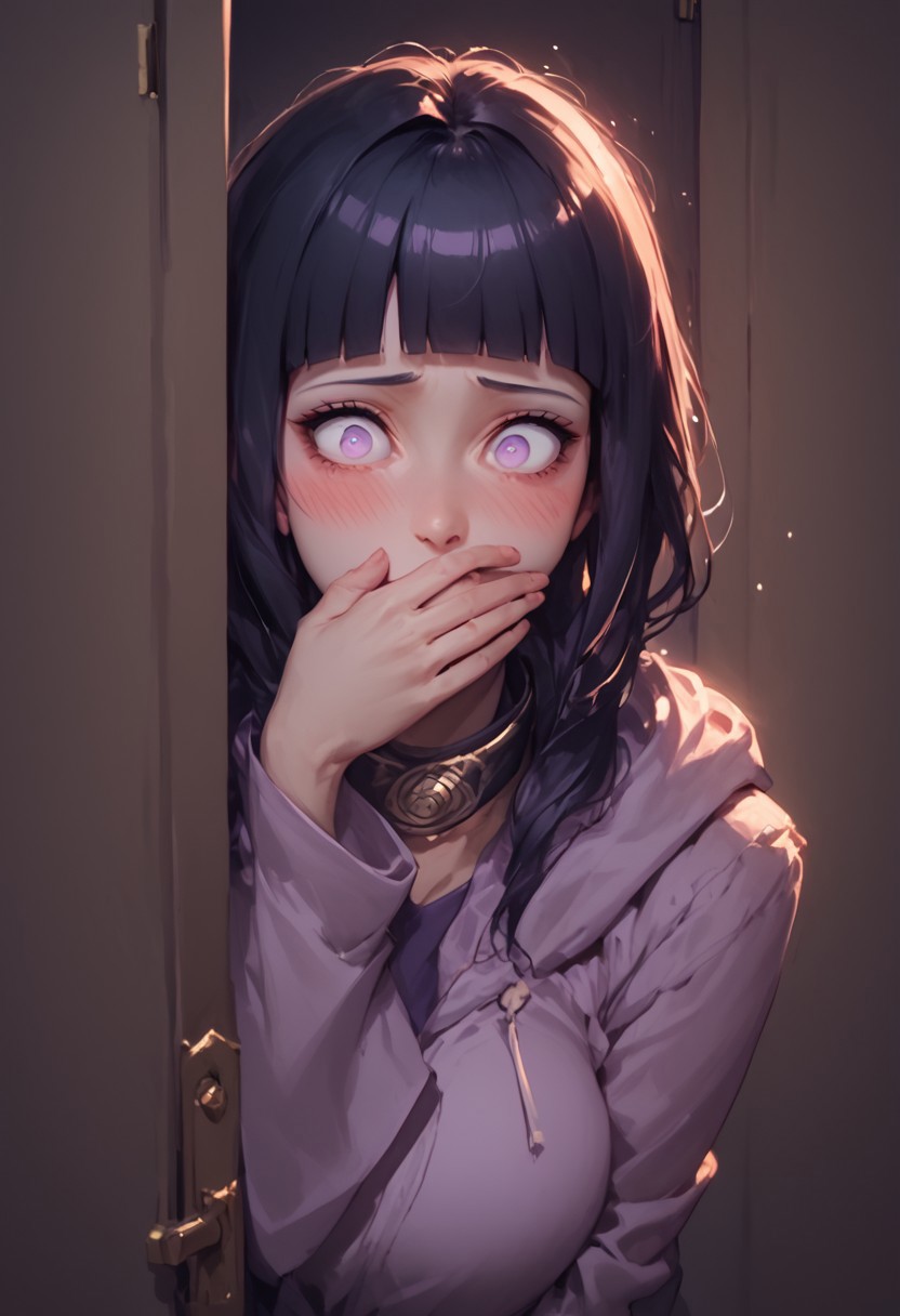 score_9, score_8_up, score_7_up, 
1girl, hyuuga hinata, purple eyes, white eyes, blunt bangs, black hair, hime cut,
hooded jacket, fishnets, headband around neck, pants, hood, forehead protector, konohagakure symbol, boots, black footwear,
(sexy pose:1.5), (random sexiness:1.5), insanely detailed, realistic, best saturation, best lighting, auburn hair, perfect anatomy, (((modern))),  large breasts, pubic hair , cowboy shot, hand over own mouth, covering own mouth, covering mouth, self-handgag, surprise, shocked, blush, embarrassed, peeking out,  upper body, hiding behind closet door,