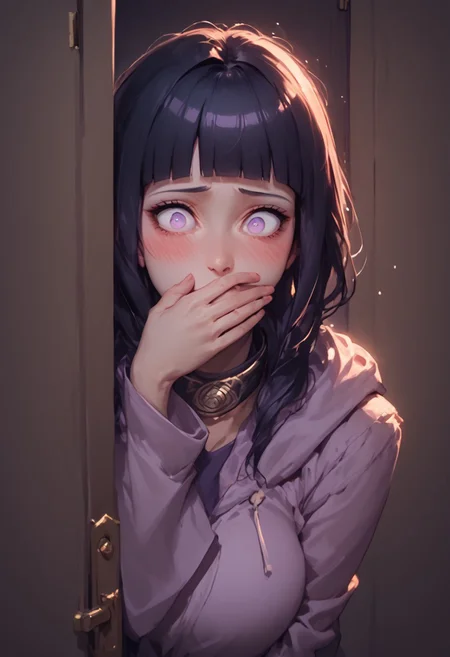 score_9, score_8_up, score_7_up, 
1girl, hyuuga hinata, purple eyes, white eyes, blunt bangs, black hair, hime cut,
hooded jacket, fishnets, headband around neck, pants, hood, forehead protector, konohagakure symbol, boots, black footwear,
(sexy pose:1.5), (random sexiness:1.5), insanely detailed, realistic, best saturation, best lighting, auburn hair, perfect anatomy, (((modern))),  large breasts, pubic hair , cowboy shot, hand over own mouth, covering own mouth, covering mouth, self-handgag, surprise, shocked, blush, embarrassed, peeking out,  upper body, hiding behind closet door,