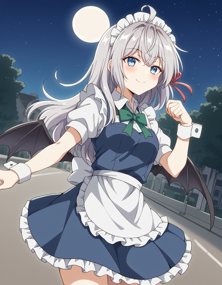 score_9, score_8_up, score_7_up, source_anime, alisamikhailovnakujou, <lora:alisa-mikhailovna-kujou-alpha-ponyxl-lora-nochekaiser:1>, alisa mikhailovna kujou, long hair, bangs, blue eyes, hair ribbon, ahoge, grey hair, red ribbon,, <lora:sakuya-izayoi-cosplay-ponyxl-lora-nochekaiser:1>, sakuyaizayoicosplay, izayoi sakuya \(cosplay\), apron, bat wings, blue skirt, blue vest, blue wrist cuffs, bow, bowtie, frilled apron, frills, frilled skirt, frilled wrist cuffs, green bowtie, maid headdress, white apron, waist apron, white headdress, wings, wrist cuffs,, outdoors, street, night, moon, starry sky, smile, blush,, cowboy shot, dutch angle, solo,