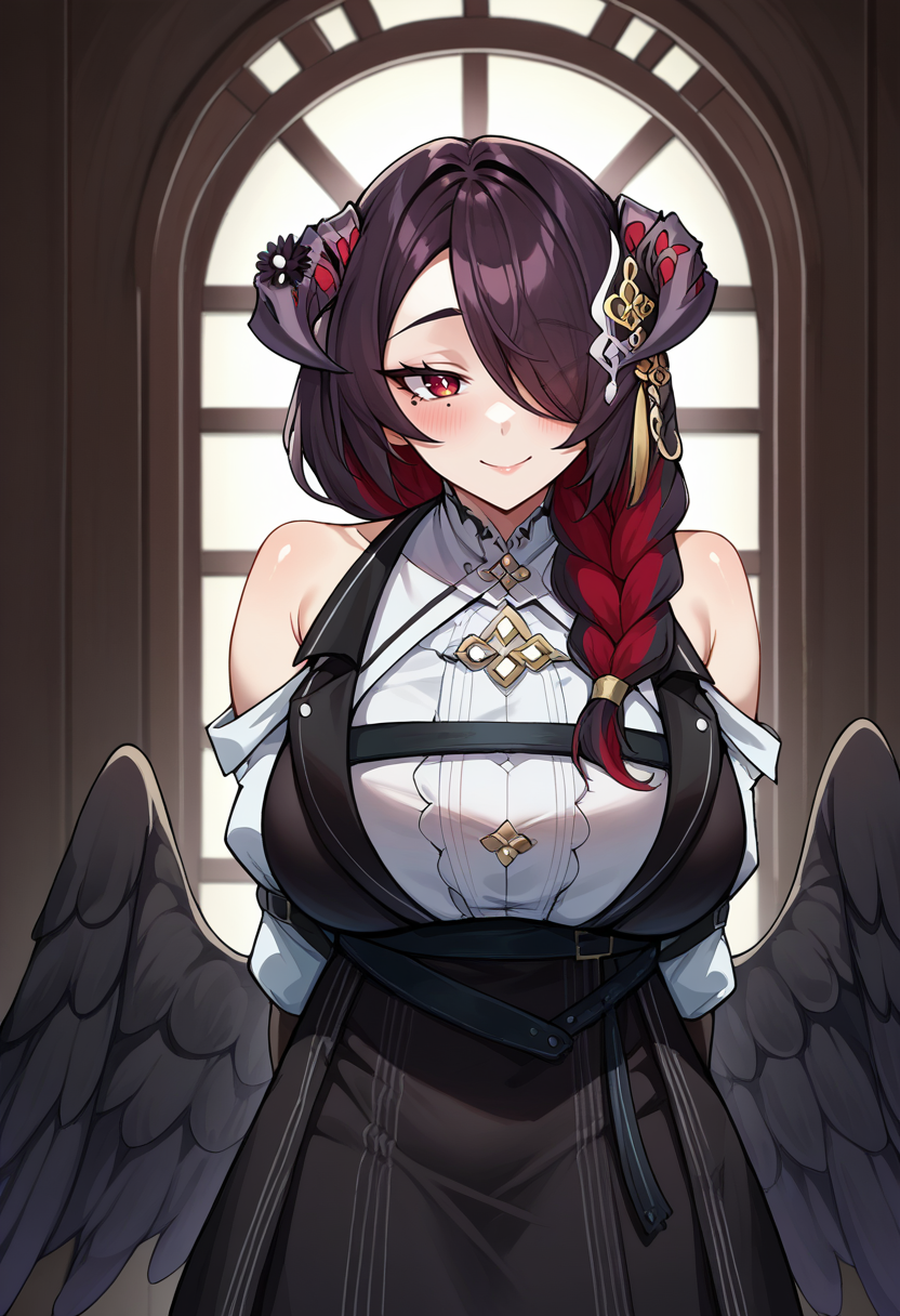 score_9, score_8_up, source_anime, 1girl, solo, MamarissaDefault, horns, hair ornament, hair flower, long hair, hair over one eye, single braid, multicolored hair, mole under eye, white shirt, collared shirt, bare shoulders, chest belt, detached sleeves, black bridal gloves, black dress, black wings, low wings, standing, indoors, arms behind back, smile, blush, <lora:ChamMamarissaPonyXL:1>