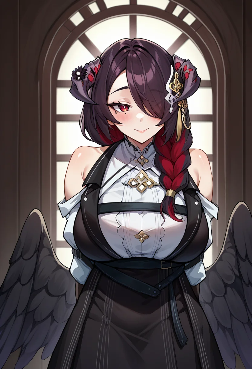 score_9, score_8_up, source_anime, 1girl, solo, MamarissaDefault, horns, hair ornament, hair flower, long hair, hair over one eye, single braid, multicolored hair, mole under eye, white shirt, collared shirt, bare shoulders, chest belt, detached sleeves, black bridal gloves, black dress, black wings, low wings, standing, indoors, arms behind back, smile, blush, <lora:ChamMamarissaPonyXL:1>