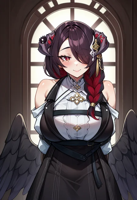 score_9, score_8_up, source_anime, 1girl, solo, MamarissaDefault, horns, hair ornament, hair flower, long hair, hair over one eye, single braid, multicolored hair, mole under eye, white shirt, collared shirt, bare shoulders, chest belt, detached sleeves, black bridal gloves, black dress, black wings, low wings, standing, indoors, arms behind back, smile, blush, <lora:ChamMamarissaPonyXL:1>