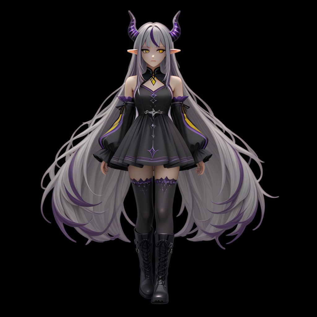 coll-jahi 1girl solo streaked hair long hair pointy ears horns thighhighs yellow eyes dress boots multicolored hair detached sleeves full body black dress very long hair