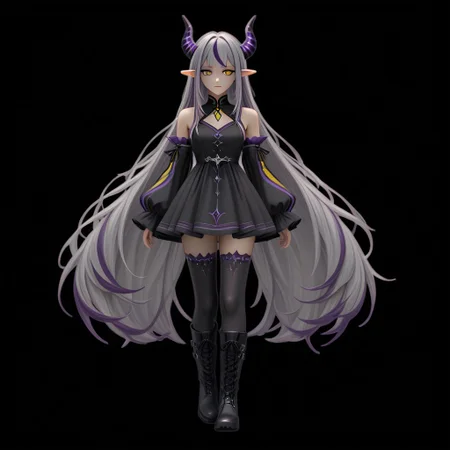 coll-jahi 1girl solo streaked hair long hair pointy ears horns thighhighs yellow eyes dress boots multicolored hair detached sleeves full body black dress very long hair