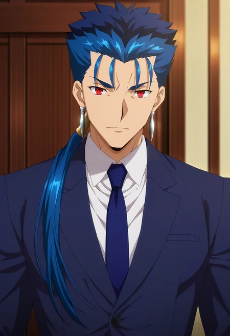 masterpiece, best quality, , anime screencap, anime coloring, , looking at viewer, 1boy, solo, male focus, <lora:lancer_fsn_ilxl:0.96>, lancer_fsn, cu chulainn \(fate\), blue hair, red eyes, long hair, ponytail, spiked hair, earrings, jewelry, , , suit jacket, homburg