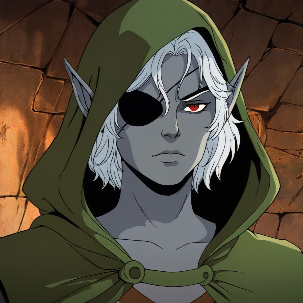 masterpiece, best quality, newest, absurdres, highres, 
X-1990STV1.0, 
1boy, pale, pale skin, grey skin, hood, hooded cape, rogue, assasin, dark elf, pointy ears, eyepatch,