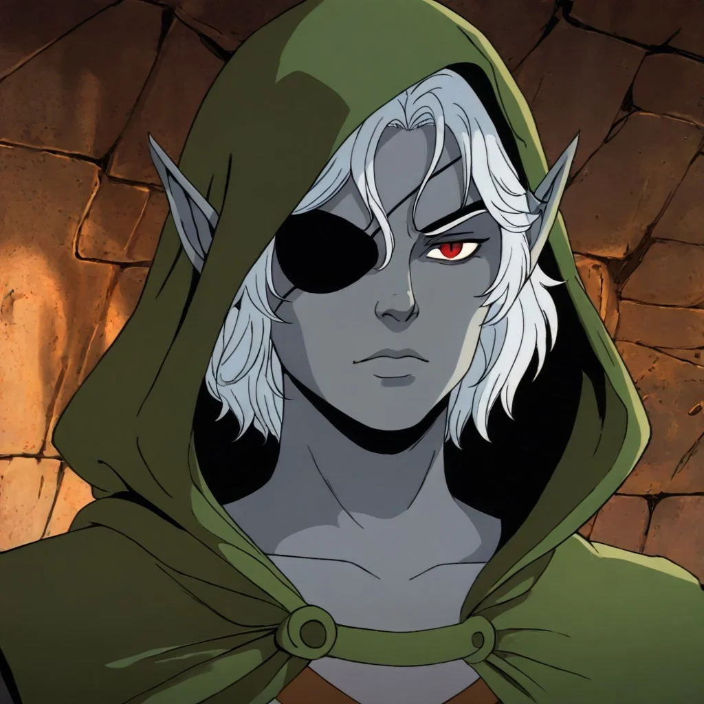 masterpiece, best quality, newest, absurdres, highres,
X-1990STV1.0,
1boy, pale, pale skin, grey skin, hood, hooded cape, rogue, assasin, dark elf, pointy ears, eyepatch,