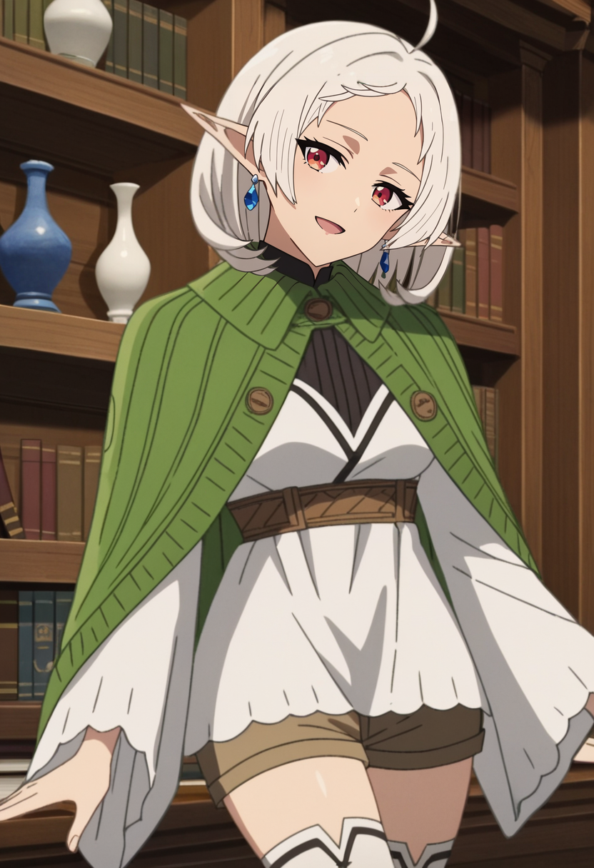 score_7_up, anime screencap,
<lora:MushokuTensei_SlyphietteMomXL:0.8>, SylphyMT,
1girl, solo, open mouth, light smile, light blush,
white hair, multicolored eyes, forehead, ahoge, medium hair, pointy ears, earrings,
green cloak, black shirt, white dress, wide sleeves, underbust, short shorts, brown shorts, white thighhighs,
head tilt, facing viewer, looking at viewer, 
indoors, wood, bookshelf, vase