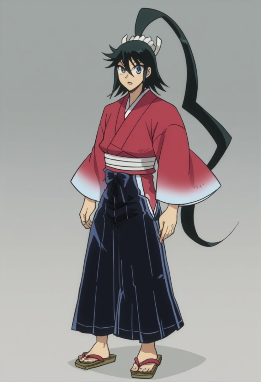 score 9, score 8_up, score 7_up,  solo, long hair, 1boy, jinbei, edo period,   ponytail, red kimono, male focus, japanese clothes, scar, sandals, hakama, hakama skirt, looking at viewer