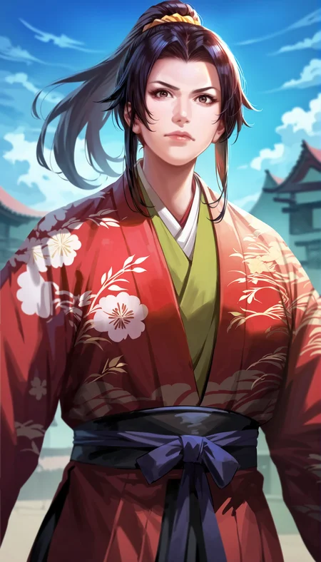 score_9,score_8_up,score_7_up,
highly detailed,highres,<lora:naotoraIi:0.8>,naotora ii,
1girl,solo,
black hair,long hair,high ponytail,yellow scrunchie,brown eyes,looking at viewer,serious face,red kimono,intricate patterns,black sash,hakama,
upper body,
outdoors,sky,simple background,blurry background,