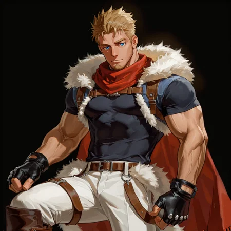 <lora:Tomas__Alchemist_Code-000004:.5>, tagatametomas, 1boy, blonde, spiked hair, side fade, blue eyes, solo, male focus, manly, bara, mature male, muscle body, scarf, short sleeve, shirt, fingerless gloves, pants, fur trim, boots,
cowboy shot, 
(very short hair, beard, bara, mature, facial hair, stubble, beard, full beard, sideburn, beard, a lot of beard, ), facial hair,male focus, muscular male, muscular male, bara, mature,  bara, mature, aixiwuganda_(20222192), very awa, masterpiece, best quality, absurdres, newest, perfect quality, detailed background, intricate details,
<lora:slider_Body Type_alpha1.0_rank4_noxattn_last:3><lora:Anime Summer Days 2 Style SDXL_LoRA_Pony Diffusion V6 XL:.6><lora:slider_cfg_scale_boost:.7><lora:Artist6p:.55>, Artist6p, Artist04p,<lora:slider_il_brightness_slider_d1:-1><lora:slider_il_contrast_slider_d1:-1><lora:slider_DarkSlider1.2_alpha1.0_rank16_full_300steps:-.6>