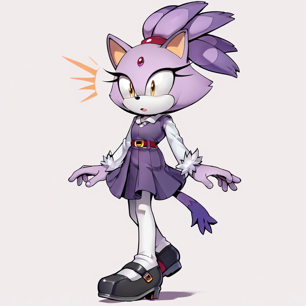 score_9, score_8_up, score_7_up, 1girl,  <lora:Perfect Hands:1> Perfect Hands, evnstnly, solo, petite, Blaze the Cat, purple fur, white fur, two-tone fur, forehead jewel, cat ears, cat tail, high ponytail, yellow eyes, flat chest,, school uniform, purple vest, white shirt, tucked in shirt, belt, purple skirt, pleated skirt, long sleeves, white thighhighs, cotton tights, black shoes, mary janes, surprised, standing, arms at sides, legs together