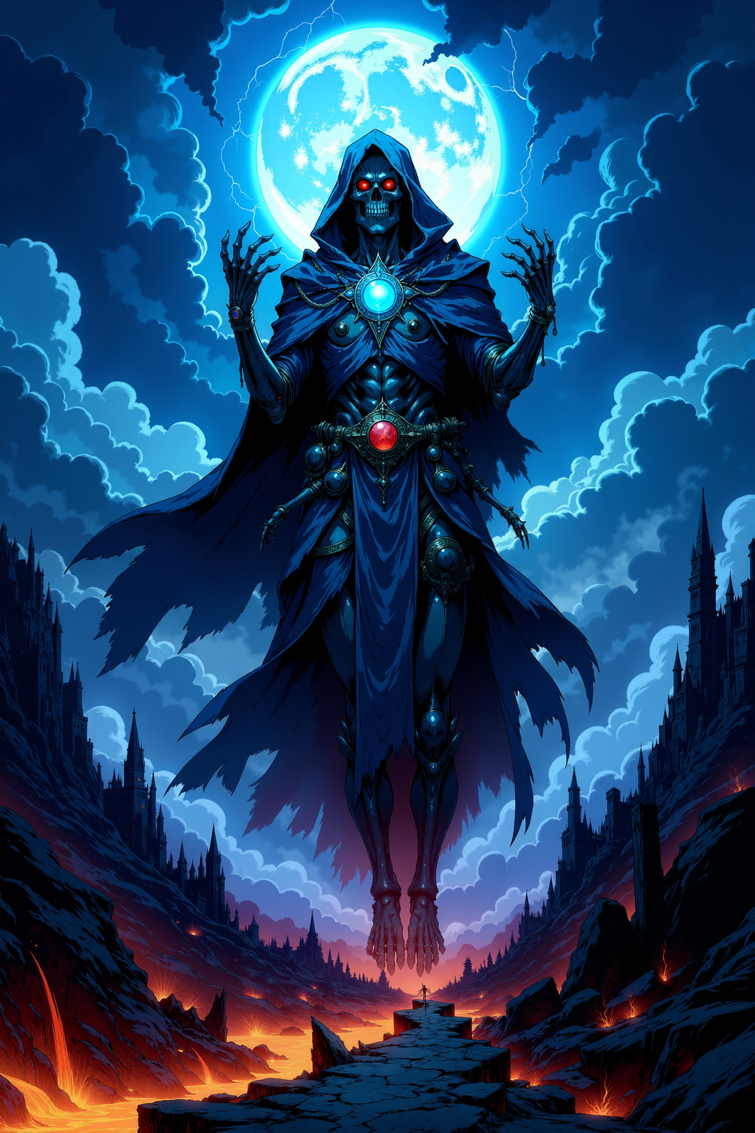 A spectral and eerie figure dominates the image, shrouded in an ethereal aura of icy blues and luminous light. This skeletal sorcerer exudes an otherworldly presence, its form wrapped in tattered robes that ripple and dissolve into mist as though consumed by an eternal frost. The armor beneath the decayed fabric glimmers with a metallic sheen, its surface adorned with intricate patterns of arcane design. The centerpiece is a glowing amulet embedded in the chest, radiating a cold, bluish energy that pulses outward, casting shifting light across the surrounding haze. The skull of the figure is crowned with a jagged, ceremonial headpiece that appears ancient, its sharp edges illuminated by a spectral glow. The empty eye sockets blaze with an intense, piercing light, as if harboring the icy flames of undeath. Strands of energy coil around its bony hands, hinting at the destructive magic it commands. Each bone is finely detailed, with cracks and engravings suggesting the weight of time and dark enchantments. The background is a swirling abyss of frosty winds and glowing particles, rendered in deep, celestial blues that evoke a void-like expanse. Wisps of light and frozen mist flow around the figure, amplifying its ghostly presence. The texture of the image is richly layered, blending sharp, defined edges on the armor and skull with painterly strokes in the robes and mist, giving it a surreal, dreamlike quality. The glowing effects, reminiscent of magical frost and shimmering stars, elevate the figure to one of spectral majesty and dread. <lora:Dark_Gothic_Comic_style_v.2:0.9> DGC style.
This dark fantasy scene portrays a towering, gothic fortress suspended over a fiery chasm, embodying an ominous grandeur. The fortress looms high, with jagged spires and pointed turrets stretching into a storm-laden sky, where a massive, ghostly moon casts an eerie light over the landscape. The stone walls of the fortress are intricately detailed, adorned with sharp arches and shadowy windows that emit a sinister red glow from within, suggesting a malevolent presence. A narrow, winding stone pathâcracked and unevenâleads through the charred ground toward the fortress. Below, the chasm churns with molten lava, glowing with intense shades of orange and red, its light reflecting off the blackened rock and casting a hellish radiance upward. The ground around the path is littered with broken pillars and ancient stone remnants, some half-buried in the volcanic ash, adding to the sense of desolation and abandonment. Dark clouds swirl above, their tumultuous folds illuminated by occasional flashes of lightning, creating a dramatic backdrop that enhances the fortressâs grim, imposing silhouette. The air is thick with shadows, and the landscape beyond is a wasteland of jagged mountains, barely visible through the mist, contributing to the feeling of isolation and dread that permeates the scene. This castle appears as a domain of darkness, seemingly impenetrable and bound to secrets as ancient as the rocks beneath it.