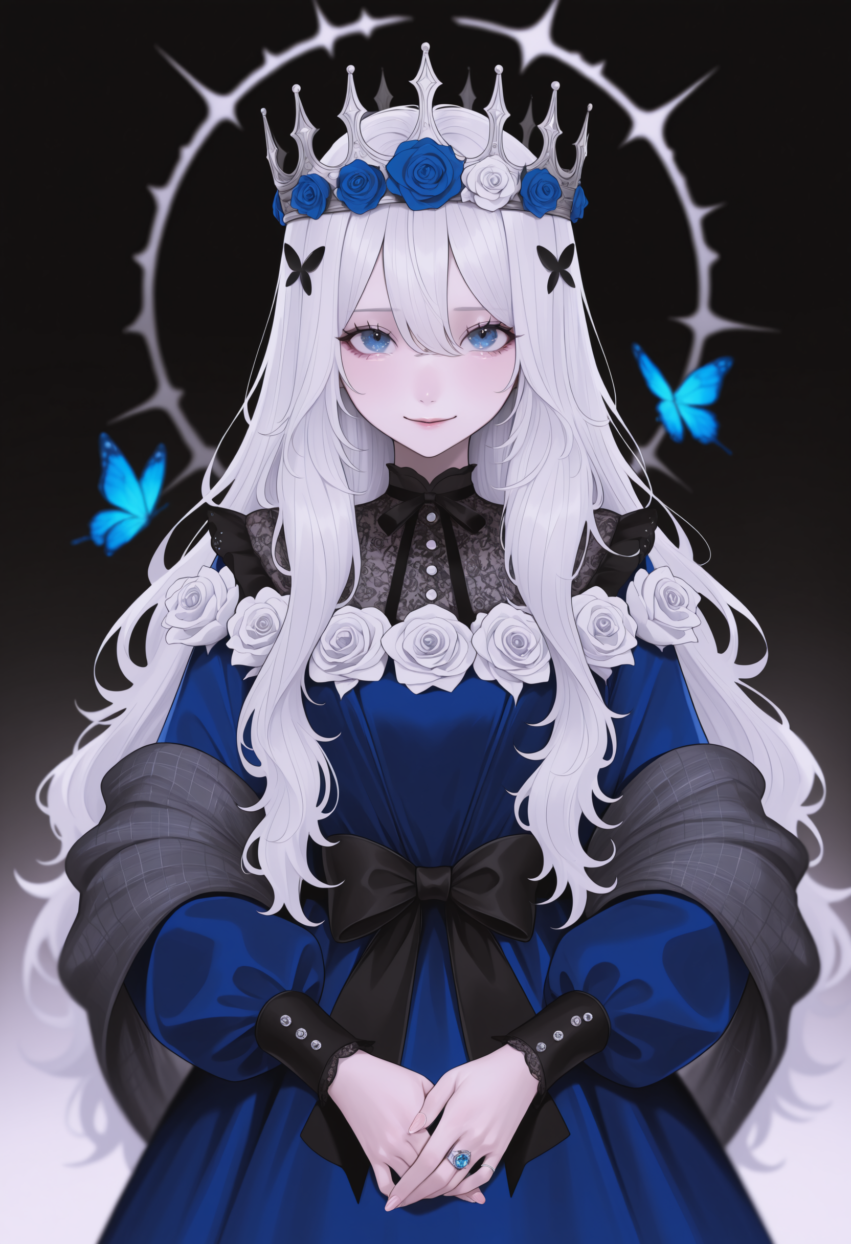 masterpiece, best quality, newest, absurdres, highres, very awa, anime screencap, limited palette, no lineart, eye focus, depth of field, aegyo sal, korean, simple background, 1girl, bug, butterfly, solo, flower, fingernails, dress, white flower, long hair, white rose, blue eyes, rose, looking at viewer, white hair, black background, blue butterfly, blue dress, long sleeves, dress flower, bow, smile, black bow, very long hair, own hands together, straight-on, blue flower, jewelry, simple background, crown, ring, dress bow, halo, hair between eyes, blue rose, hair ornament, shawl, cowboy shot