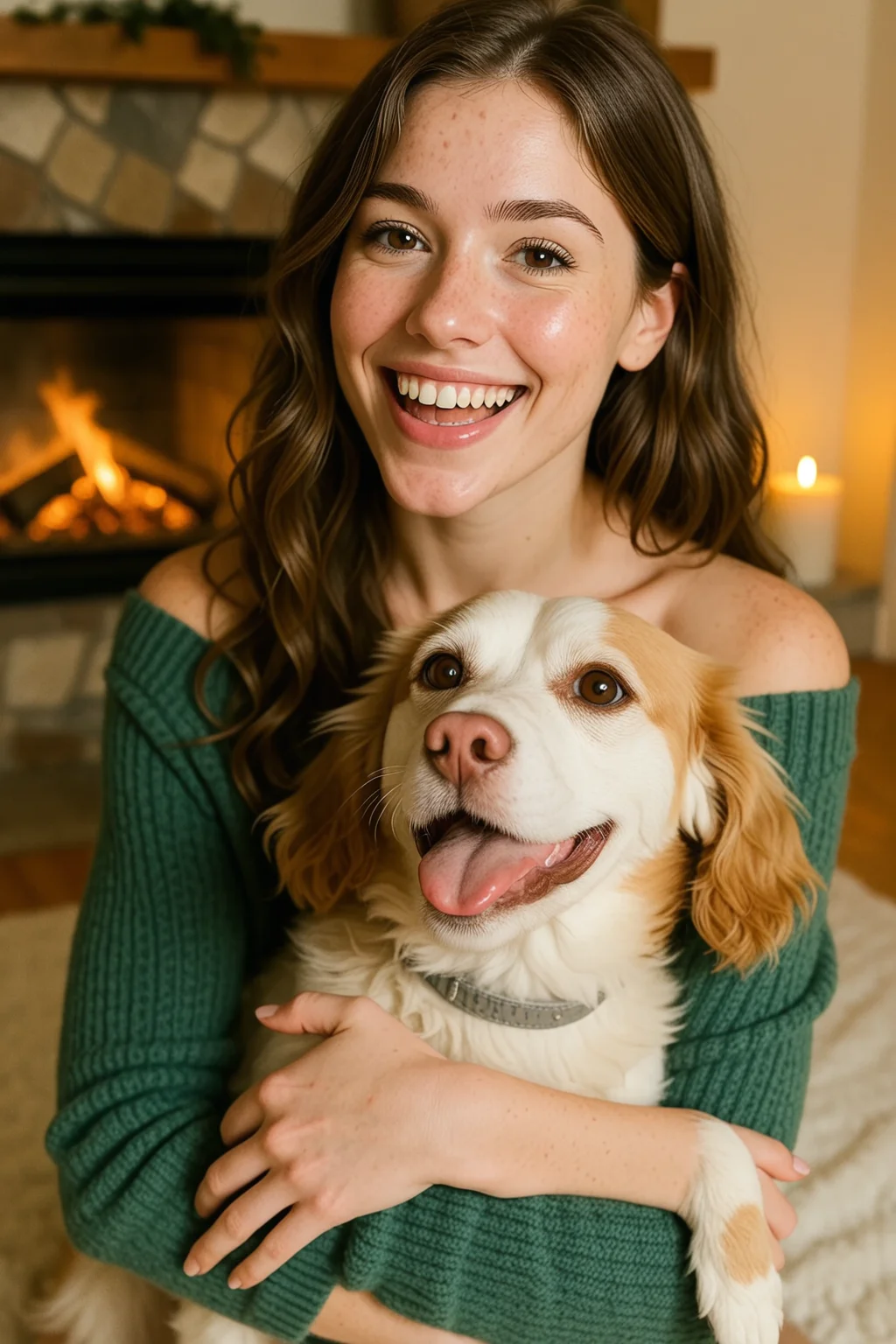 1girl, smile, lips, wavy hair, dog, off-shoulder sweater, window, indoors, looking at viewer, fireplace, fire, grin, green sweater, holding animal, off shoulder, bare shoulders, teeth, sitting, hug, long sleeves, candle, upper body, collarbone, open mouth, blurry, makeup, breasts, depth of field, tongue, <lora:dmd2_sdxl_4step_lora_fp16:1.0>, <lora:subtle-chatgptstyle-xl25:0.75>