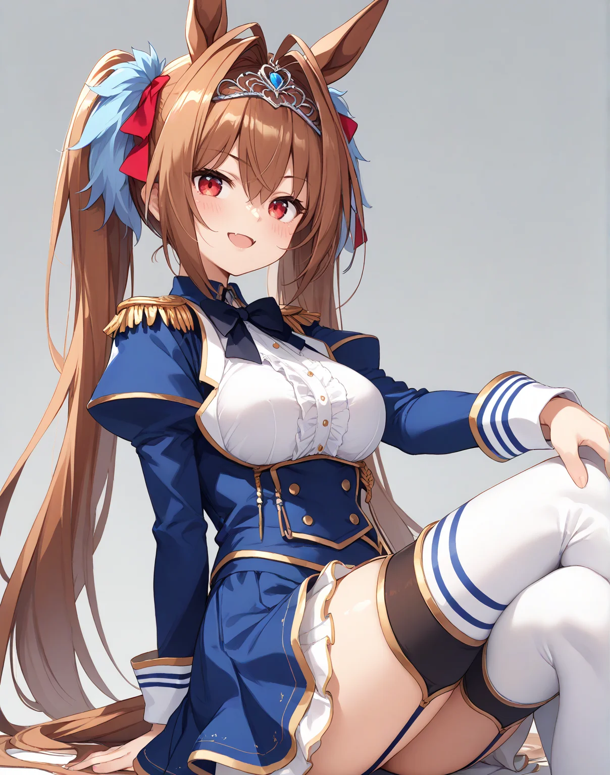 score_9, score_8_up, score_7_up, official art, masterpiece, high quality, megami magazine, official style, game cg, 1girl, (looking at viewer:1.4), (open mouth:0.6), , smile, blush, Sitting with legs crossed, hands on ankles, from side, simple background,,
Dasuka,horse tail, horse ears, brown hair, very long hair, bow, hair intakes, red eyes, <lora:Dasuka-ponyXL:1>,
Dasuka_Race, twintails, epaulettes, skirt, long sleeves, tiara, garter straps, thighhighs, ,
,
