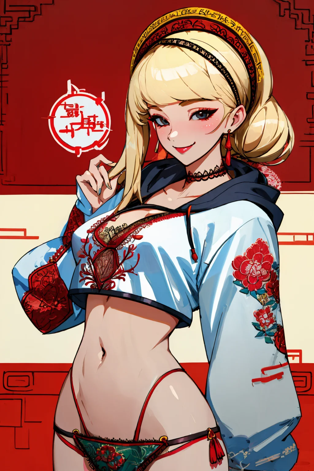 Masterpiece, absurdres, fine detail, HDR,
(dudou,dudou_embroidery:1.3),([hoodie|dudou]::0.5),
Blonde Nadia with choker and sunglasses,
(hoodie:1.2), a woman posing for a picture, smiling ,  chinese style,black,navel cutout,
 <lora:DudouHoodies:0.78> <lora:Nadia_anime:0.5>