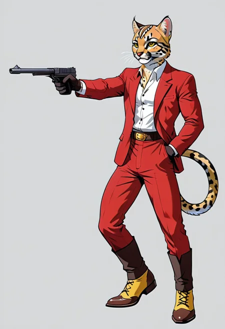 4K,masterpiece,1boy,mature male,full body,from side, style of 80scartoon,SMheroes style,flat colors,vibrant colors,bright colors,
feline_hybrid,Ocelot,(charro:1.3),face of an Ocelot,animal face,cat eyes,(looking to the side:1.4),red suit,yellow trimmings,suede shoes,sombrero,holding gun, aiming,(tmmygn:1.5),