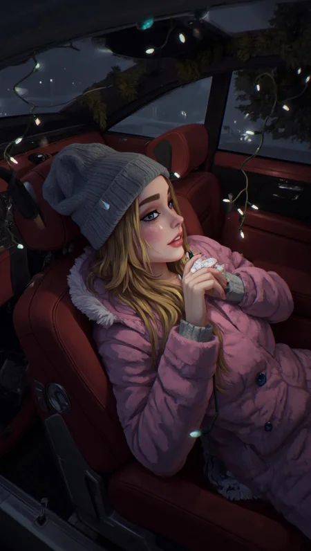 <lora:ck-LttleGhost-000011.safetensors:1> in the style of ck-lttlegh0stA blonde woman reclines in a leather car seat, wearing a pink fluffy coat and gray beanie, surrounded by holiday lights that create an unearthly glow around her face. She lounges amidst the dark, shadowed dashboard of a vehicle, exuding sophistication and mystery.