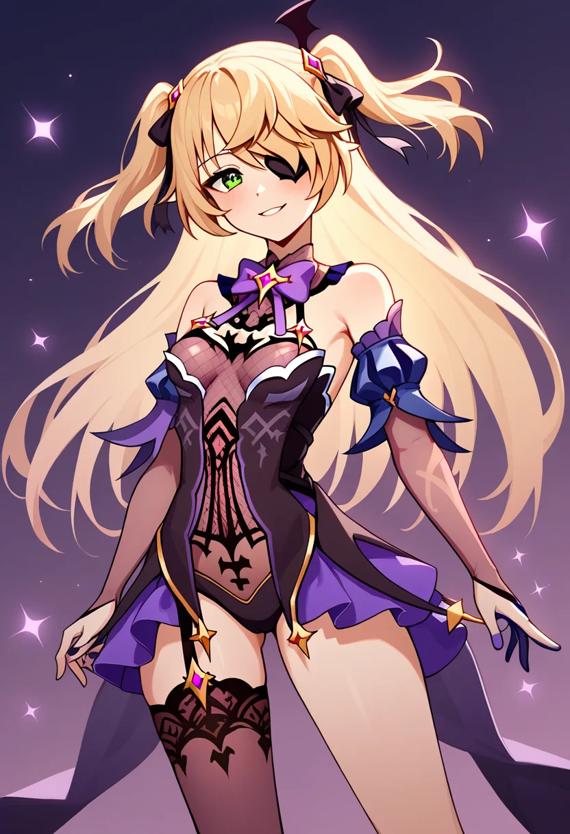 score_9,score_8_up,score_7_up,<lora:genshin_v4:0.8>,1girl, absurdres, bare_shoulders, bat_ornament, black_ribbon, blonde_hair, bridal_gauntlets, collar, dress, eyepatch, fischl_\(genshin_impact\), garter_straps, gloves, green_eyes, hair_over_one_eye, hair_ribbon, highres, korean_commentary, leotard, long_hair, looking_at_viewer, purple_bowtie, purple_ribbon, single_bridal_gauntlet, single_thighhigh, small_breasts, smile, solo, standing, tailcoat, two_side_up