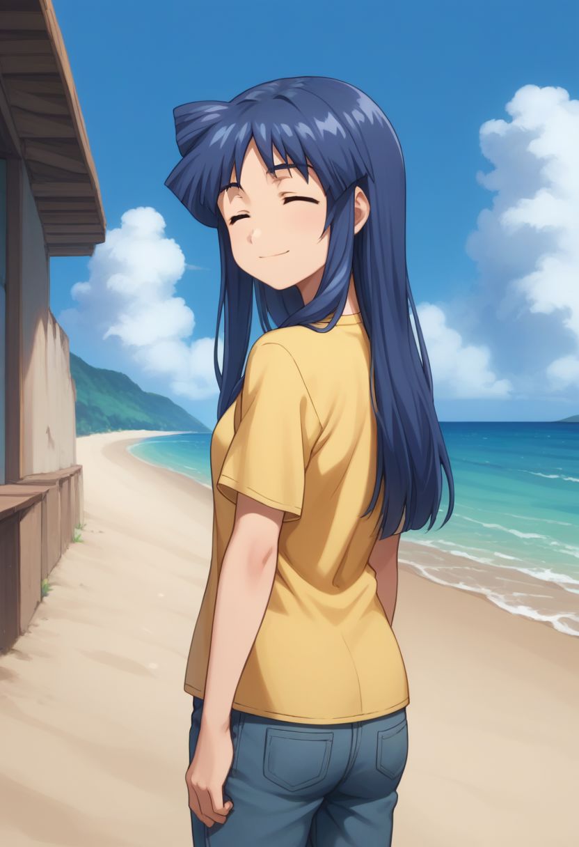 score_9, score_8_up, score_7_up, source_anime, highly detailed,
chizuru, 1girl, solo, closed eyes, long hair, blue hair, shirt, smile, pants, t-shirt, short sleeves, yellow shirt, 
outdoor, beach, sky, cloud. from back, looking back, looking at viewer,