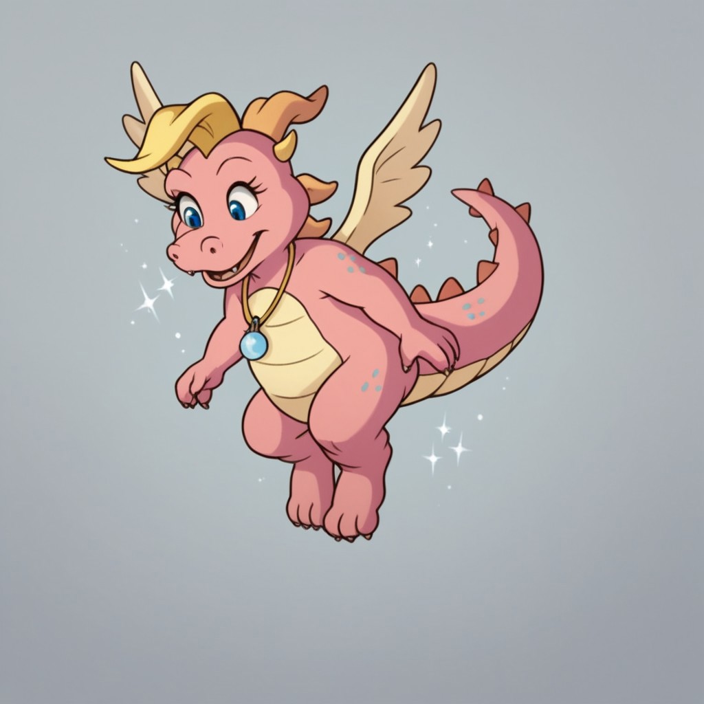 score_9, score_8_up, score_7_up, score_6_up, score_5_up, score_4_up source_furry, CassieDT, semi-anthro, female, dragon, pink skin, horns, wings, jewelry, necklace, flying, sparkle
