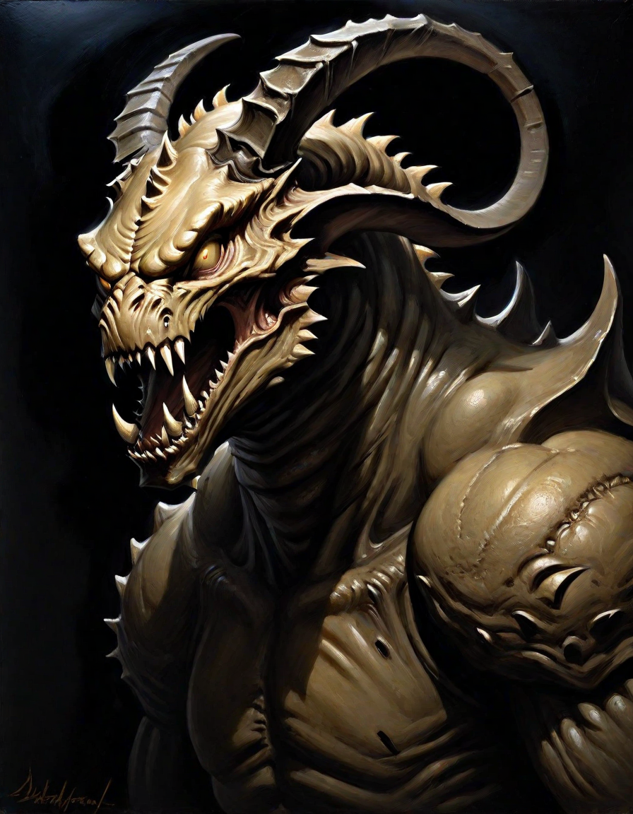 highly detailed, radical, dark fantasy painting, masterpiece, best quality, official art, oil painting, magnificent lighting, Cream theme, black background, upper body portrait of Deathclaw (Fallout series), low contrast, horror, dark gothic painting,  <lora:Dark_Fantasy_Painting_SDXL:0.8>