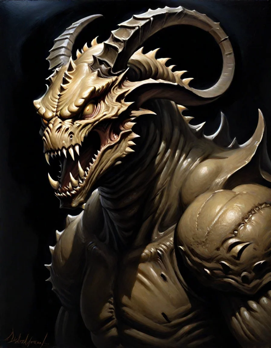 highly detailed, radical, dark fantasy painting, masterpiece, best quality, official art, oil painting, magnificent lighting, Cream theme, black background, upper body portrait of Deathclaw (Fallout series), low contrast, horror, dark gothic painting, <lora:Dark_Fantasy_Painting_SDXL:0.8>