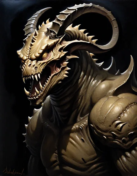 highly detailed, radical, dark fantasy painting, masterpiece, best quality, official art, oil painting, magnificent lighting, Cream theme, black background, upper body portrait of Deathclaw (Fallout series), low contrast, horror, dark gothic painting, <lora:Dark_Fantasy_Painting_SDXL:0.8>