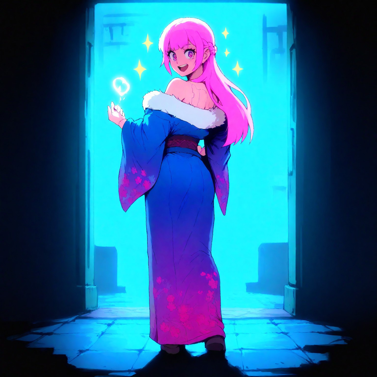 (masterpiece, best quality), cyberpunk, best score, best anatomy, ultra deitailed, amazing quality, very aesthetic, absurdres, highres, 2024, newest, HDR, 8K, high detail RAW color art, high contrast, large pupil, eyelashes, shiny skin, detailed background, masterful shading, great depth,
1girl, solo, purple eyes, long hair, french braid, neon pink hair, looking at viewer, kimono, off shoulder, arm out, plum blossoms pattern, blue pattern, fur trim, indoors, neon graffiti, dim lighting, dynamic lighting, round teeth, full body, standing, over shoulder, hands on hips, rear view, face focus, smile, happy, winter, sparkle, in the style of josan-gonzalez