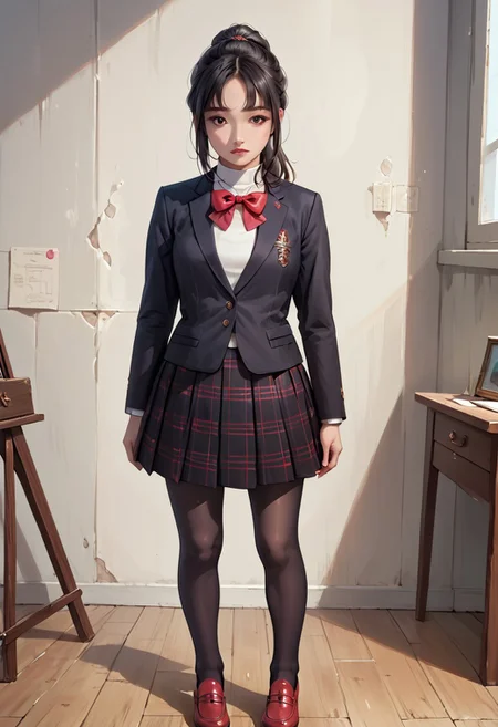 score_9, score_8_up, score_7_up, (masterpiece, Highest quality:1.4), (beautiful, beautiful, perfection, delicate, Complex:1.2), (cute, Adorable), (Depth of written border:1.2), Realistic Face:1.2, hand,
1Girl, 28yo, shihop5, black hair, ponytail, red bow, school uniform, black blazer, white turtleneck, bowtie, plaid skirt, pleated skirt, black pantyhose, red shoes, A melancholy, downcast expression,
((class room, standing)), break, anatomically correct, cowboy shot,