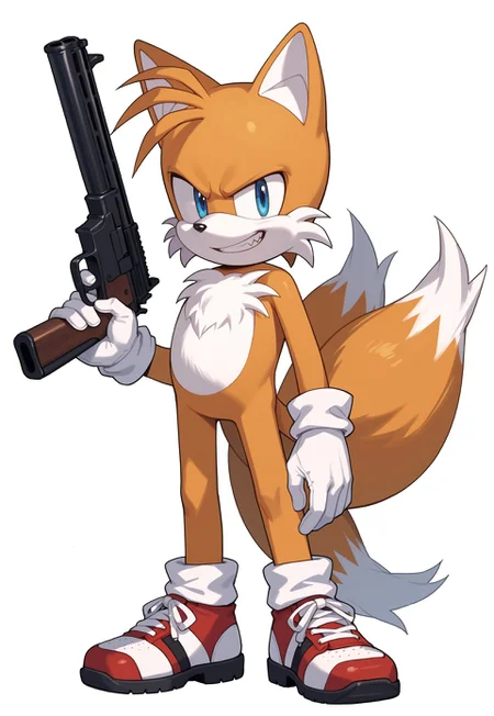 score_9, score_8_up, score_7_up, score_6_up, source_anime, anime screencap, anime coloring, 1boy, Overthrow_TailsFNF, blue eyes, gloves, animal ears, tail, shoes, teeth, white gloves, fox ears, fox tail, multiple tails, red footwear, sneakers, furry, furry male, body fur, white fur, two tails, animal nose, two-tone fur, yellow fur, fox boy, orange fur, sonic the hedgehog, smirk, evil grin, angry, shotgun, weapon, holding shotgun, looking at viewer, standing, aesthetic face, dedicated face, enthusiastic face, epic, masterpiece, white background