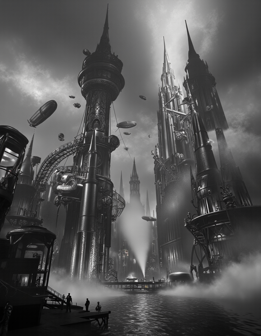 Film noir style HDR photo of In style of Akiya Kageichi. 
A mystical, steam-powered city hidden within a vast network of fog-shrouded canals on a world shrouded in perpetual mist. Towering clockwork spires rise from the water like colossal monoliths, their gears and pistons whirring softly as they regulate the flow of steam and magic. A labyrinthine system of canal tunnels and bridges leads to hidden chambers filled with ancient artifacts and forbidden knowledge. The air is thick with the scent of coal smoke and the distant hum of clockwork machinery. (With blimps and flying vehicles:1.3).
 <lora:Yoshitaka_Amano__Ayami_Kojima_Style_Blend_Flux_V2:1> aman0ayam1 <lora:tech3d-gym-v3:1> a 3D icon of, vibranttech3d style <lora:Dynamic Poses5952:0.95> dynamic . High dynamic range, vivid, rich details, clear shadows and highlights, realistic, intense, enhanced contrast, highly detailed, 3D render, ((hyper realism)), sharp focus, cinematic lighting, photo realistic, hyper realistic. 4k, natural, global illumination, caustics, ratytracing, Unreal Engine, highly detailed, trending on Artstation . Monochrome, high contrast, dramatic shadows, 1940s style, mysterious, cinematic