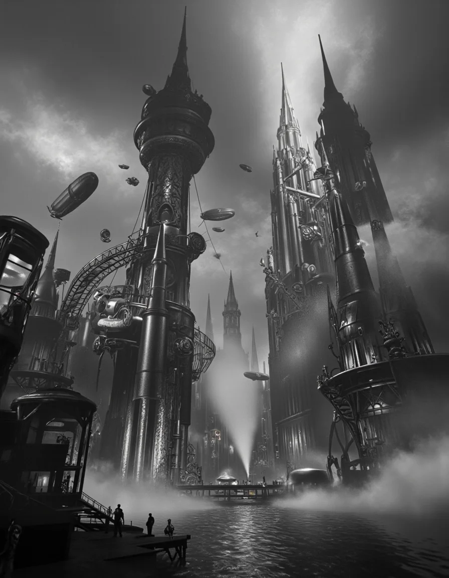 Film noir style HDR photo of In style of Akiya Kageichi.
A mystical, steam-powered city hidden within a vast network of fog-shrouded canals on a world shrouded in perpetual mist. Towering clockwork spires rise from the water like colossal monoliths, their gears and pistons whirring softly as they regulate the flow of steam and magic. A labyrinthine system of canal tunnels and bridges leads to hidden chambers filled with ancient artifacts and forbidden knowledge. The air is thick with the scent of coal smoke and the distant hum of clockwork machinery. (With blimps and flying vehicles:1.3).
<lora:Yoshitaka_Amano__Ayami_Kojima_Style_Blend_Flux_V2:1> aman0ayam1 <lora:tech3d-gym-v3:1> a 3D icon of, vibranttech3d style <lora:Dynamic Poses5952:0.95> dynamic . High dynamic range, vivid, rich details, clear shadows and highlights, realistic, intense, enhanced contrast, highly detailed, 3D render, ((hyper realism)), sharp focus, cinematic lighting, photo realistic, hyper realistic. 4k, natural, global illumination, caustics, ratytracing, Unreal Engine, highly detailed, trending on Artstation . Monochrome, high contrast, dramatic shadows, 1940s style, mysterious, cinematic