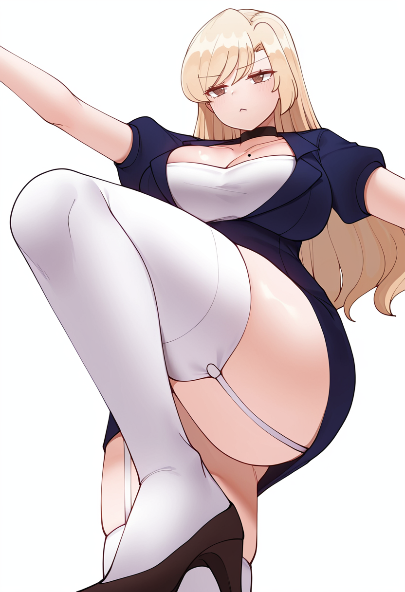 Smooth Quality,masterpiece,very intricate, high quality details, ultra realistic, high detailed skin,detailed enviorement,absurdres,
simple background, white background, dancing,from below,ohikaenasutte,skindentation, solo, 
 <lora:Yejin_Lim_CNR:0.8> yejin_cnr, 1girl, blonde hair, long hair, bangs, brown eyes, mole on breast, large breasts,yejin_suit_cnr,collarbone,short dress,blue jacket,black short sleeves,black choker, thighhighs, garter straps, high heels,, scowl,, ;<,