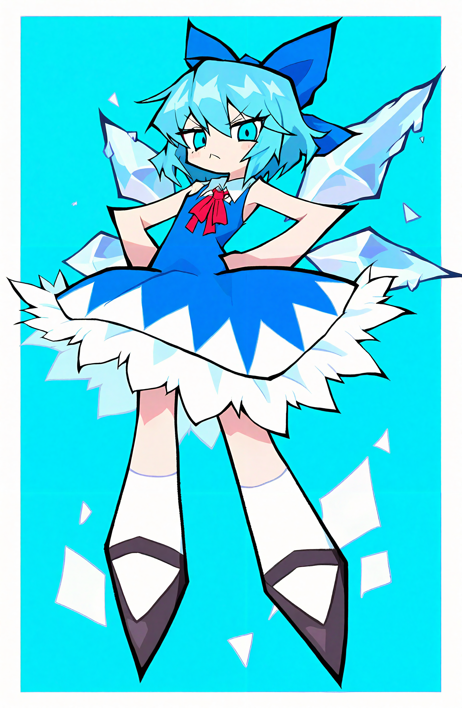 cirno, 1girl, solo, looking_at_viewer, short_hair, blue_eyes, dress, bow, ribbon, hair_between_eyes, closed_mouth, blue_hair, full_body, hair_bow, wings, shoes, sleeveless, socks, black_footwear, v-shaped_eyebrows, sleeveless_dress, blue_dress, blue_bow, white_socks, hands_on_own_hips, ice, ice_wings